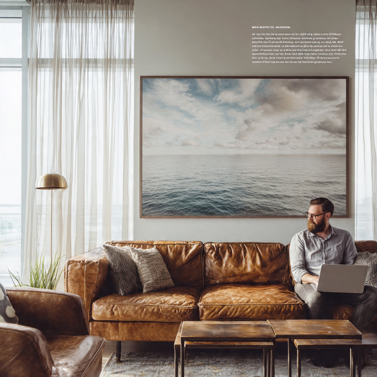 a modern living room with a single oversized photo