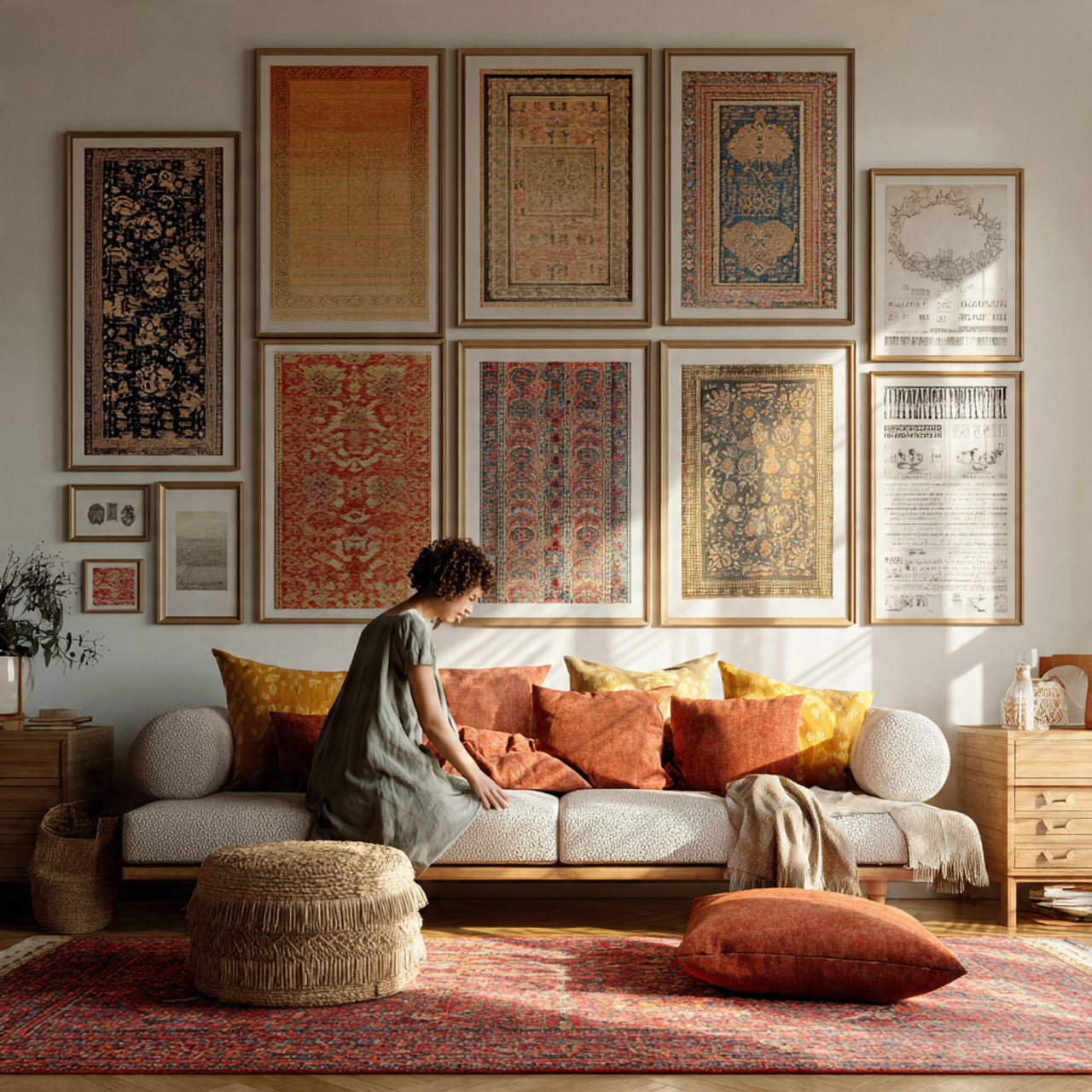 a modern living room with framed antique textiles