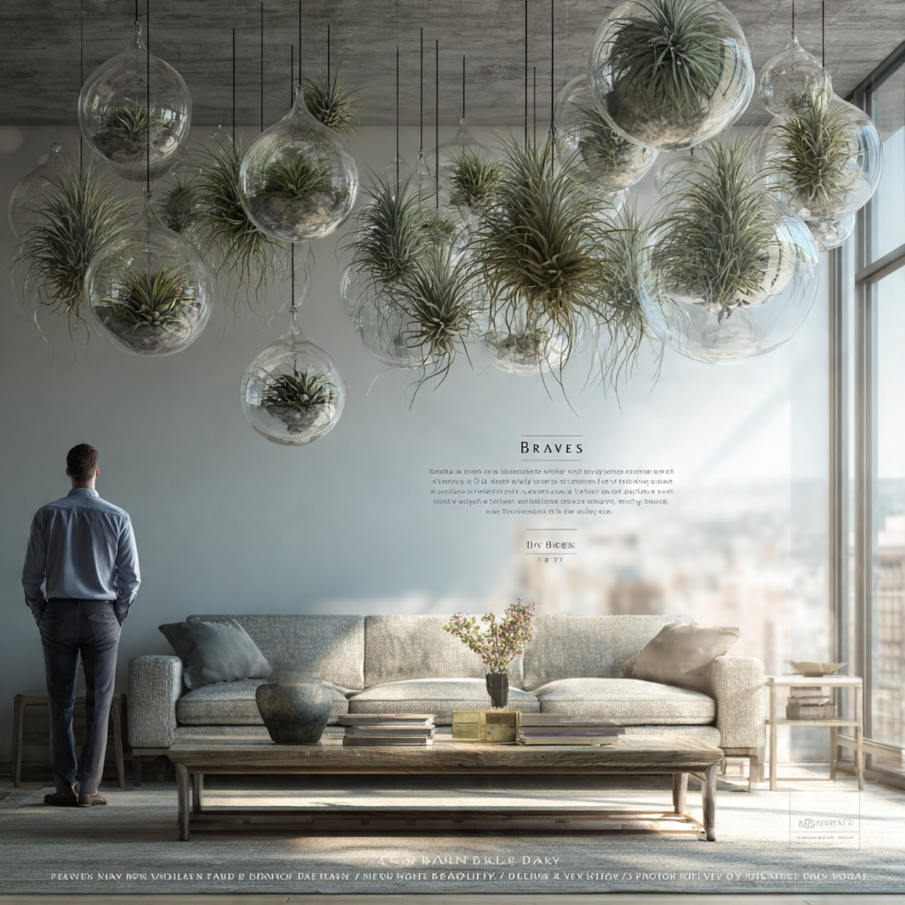 a modern living room with multiple air plants disp