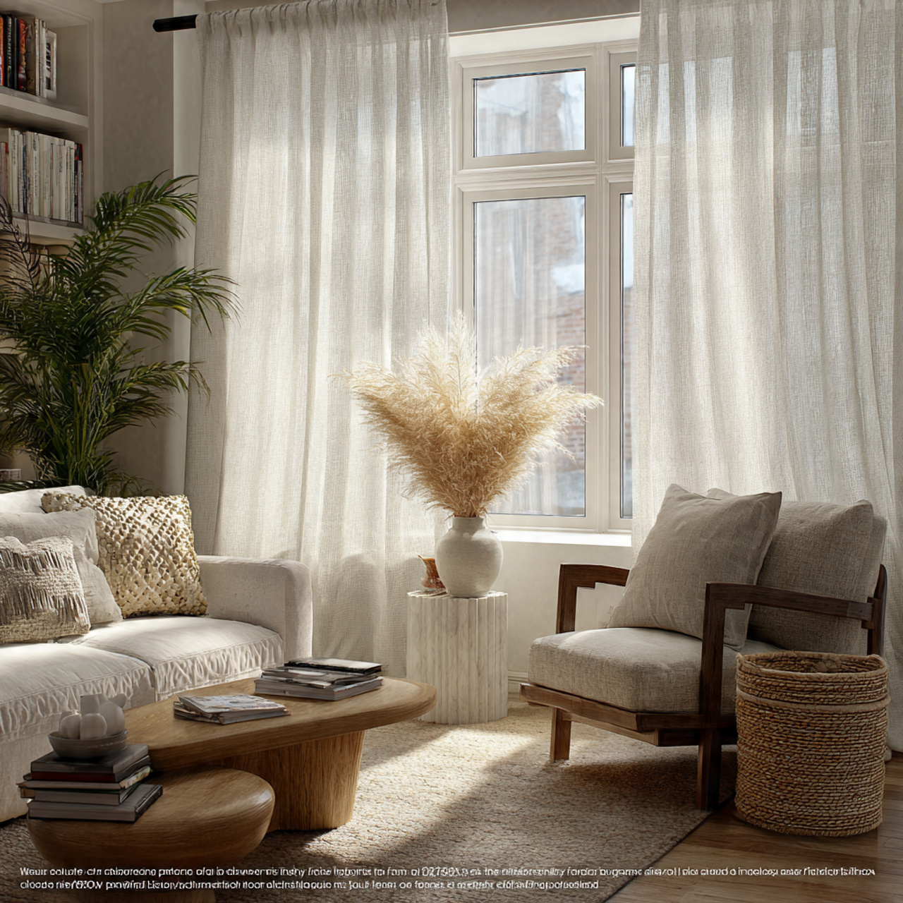a modern living room with sheer linen waterfall cu