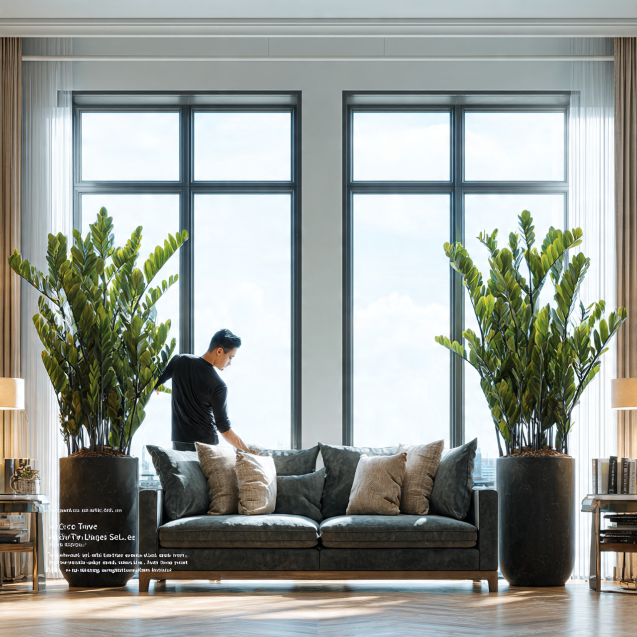 a modern living room with two identical zz plants