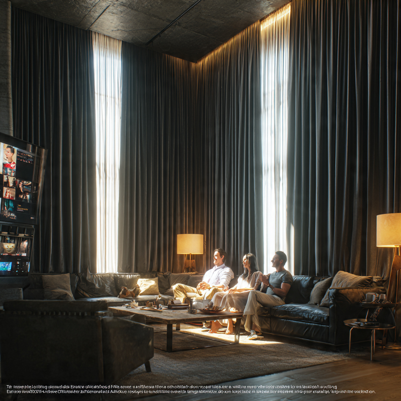 a modern media focused living room featuring dark
