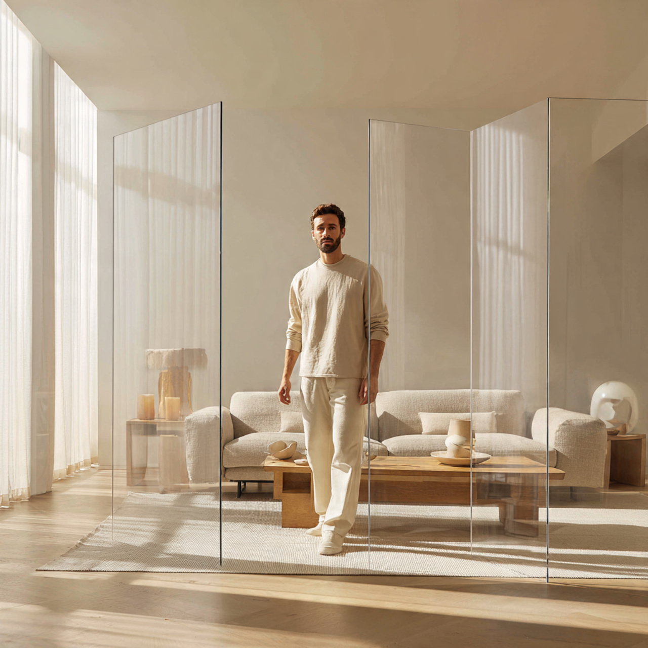 a modern minimalist living room featuring living r