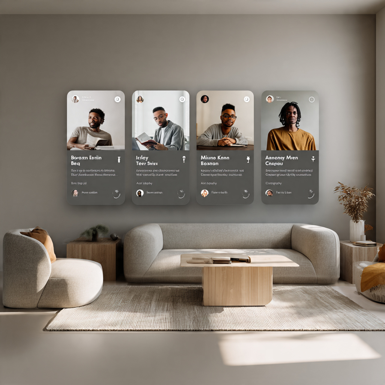 a modern minimalist living room with misty gray wa