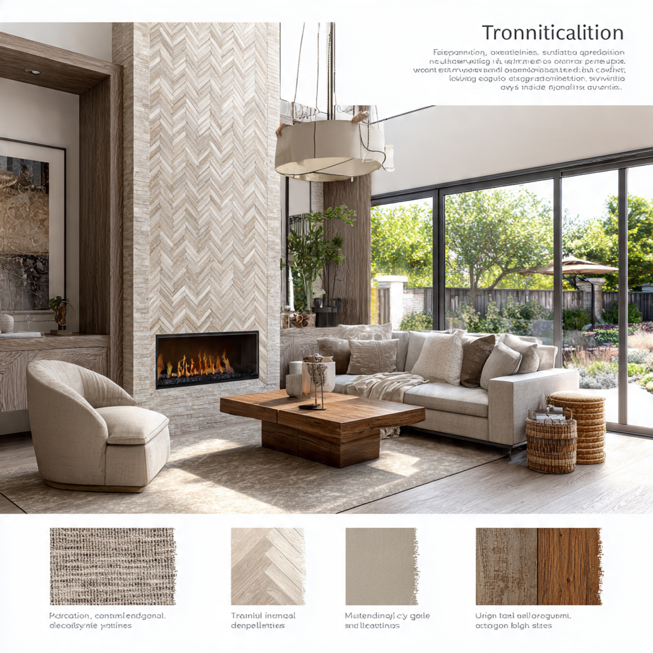 a modern transitional living room with fireplace i