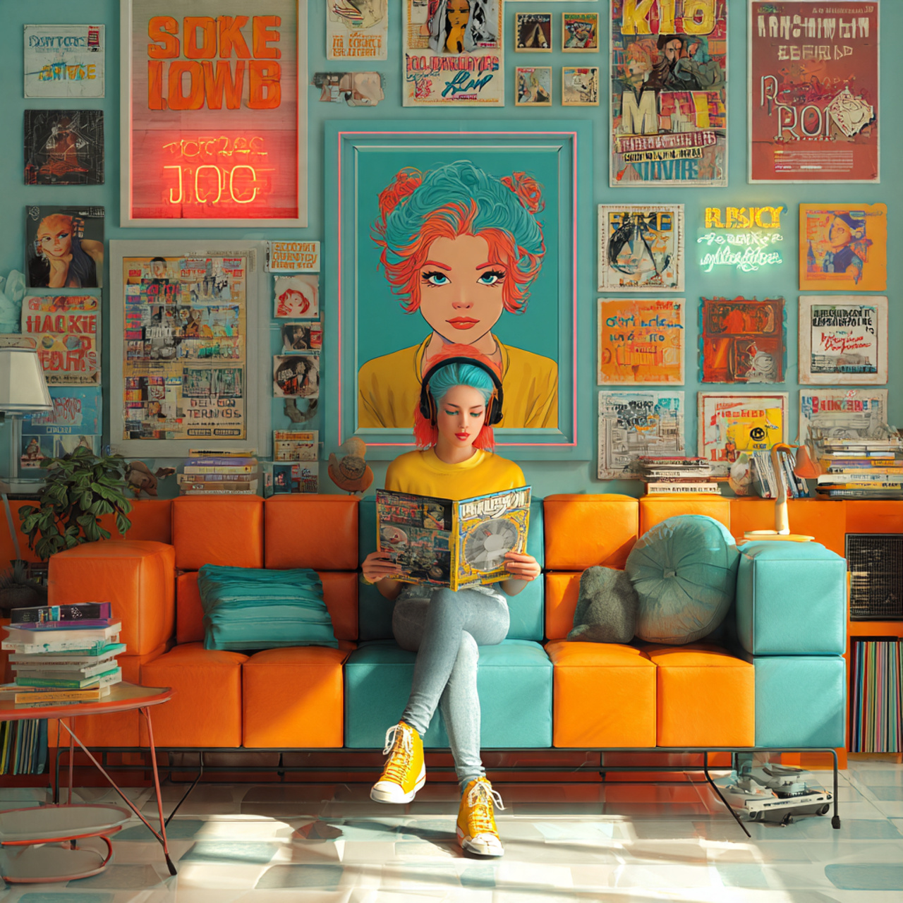 a retro pop culture living room with bold primary