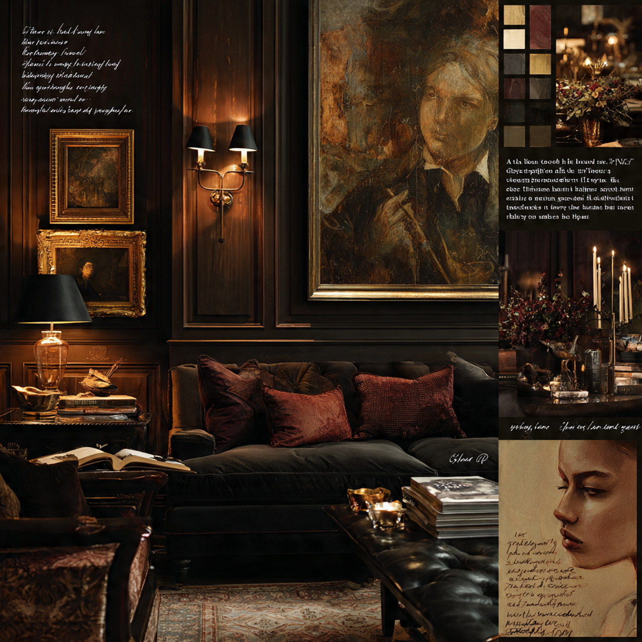 a rich and indulgent living room with dark chocola