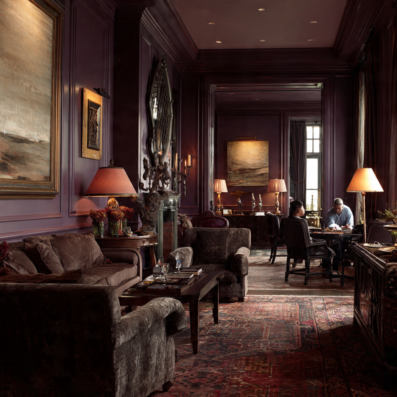 a rich intimate living room with deep plum walls a