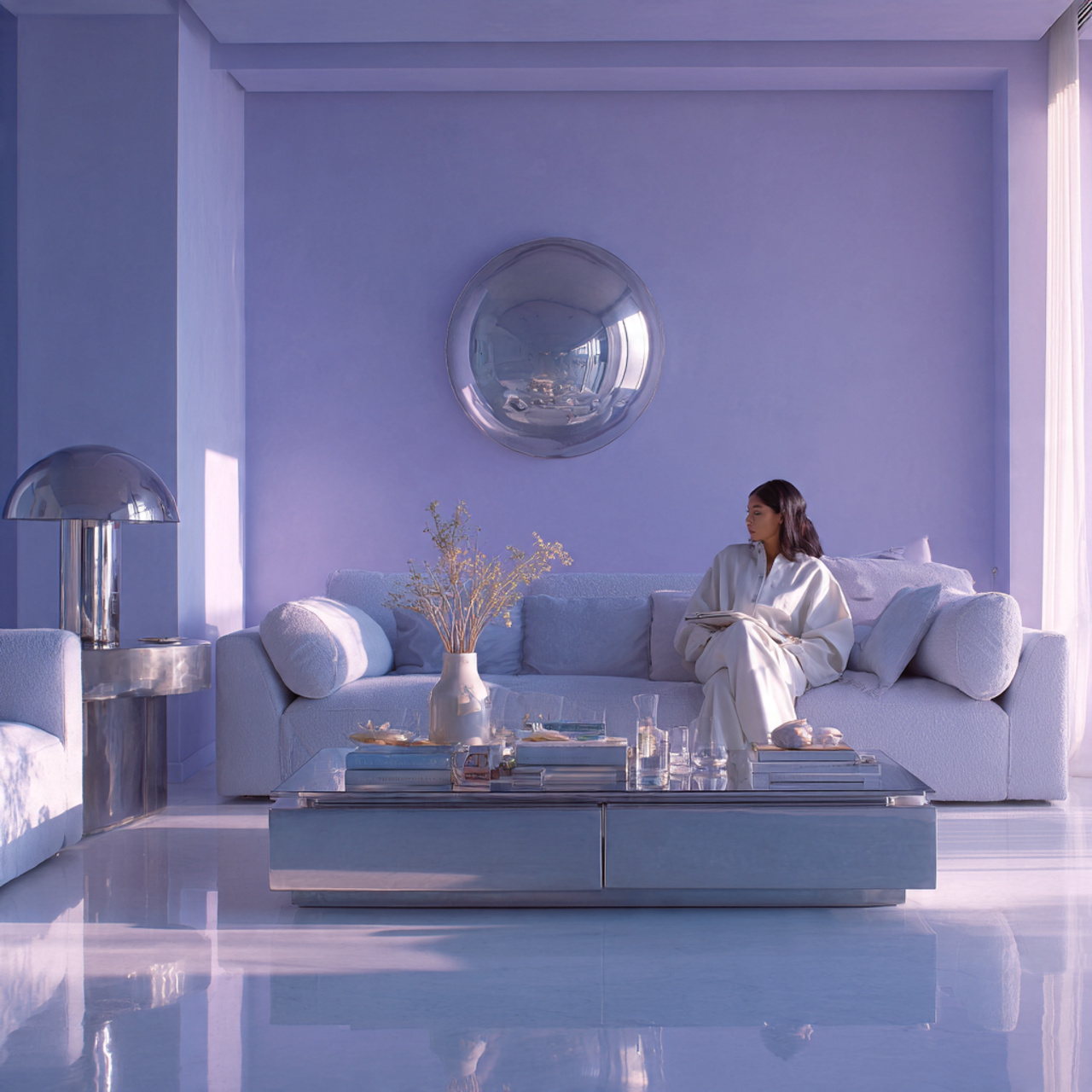 a serene contemporary living room with lavender wa