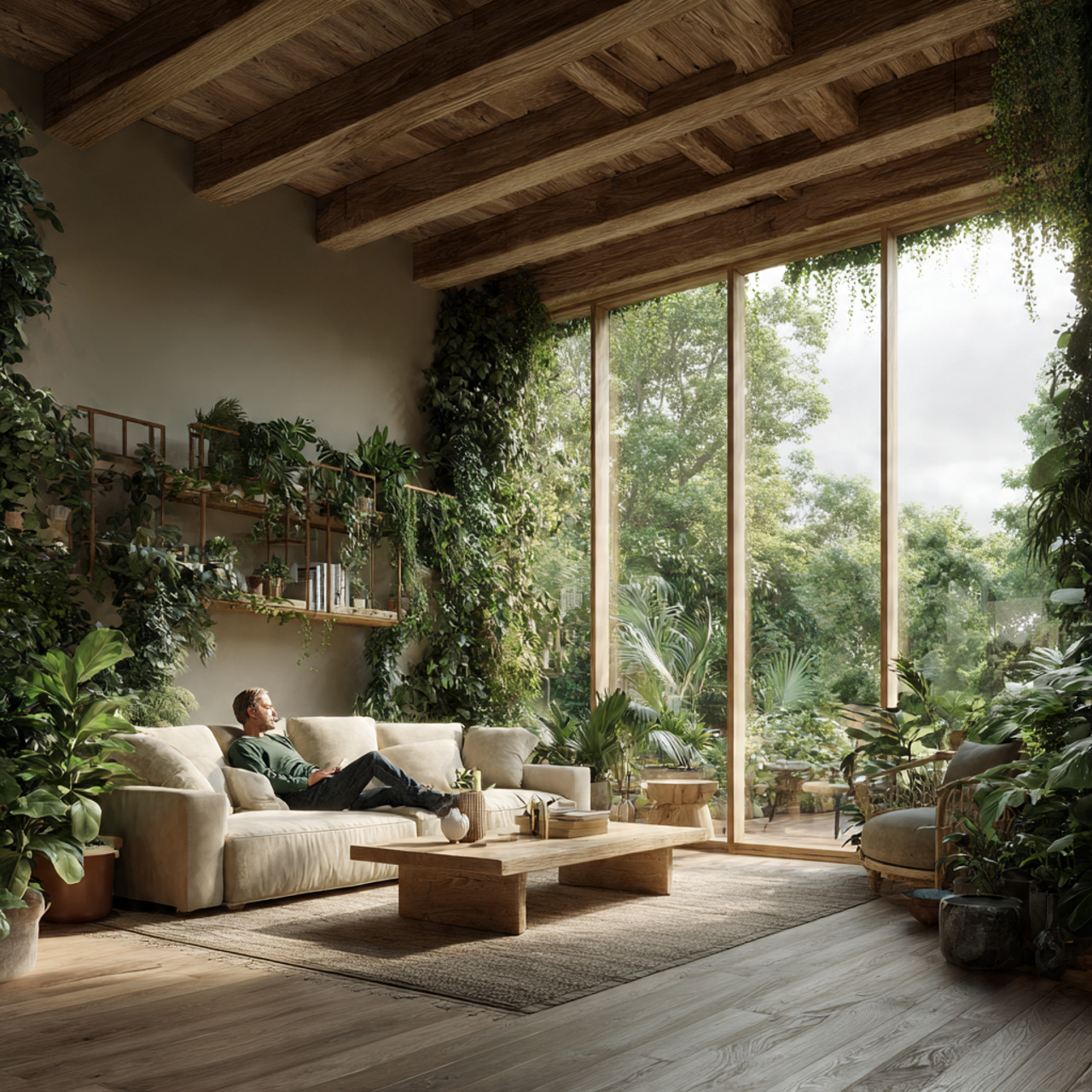 a serene living room designed with biophilic eleme