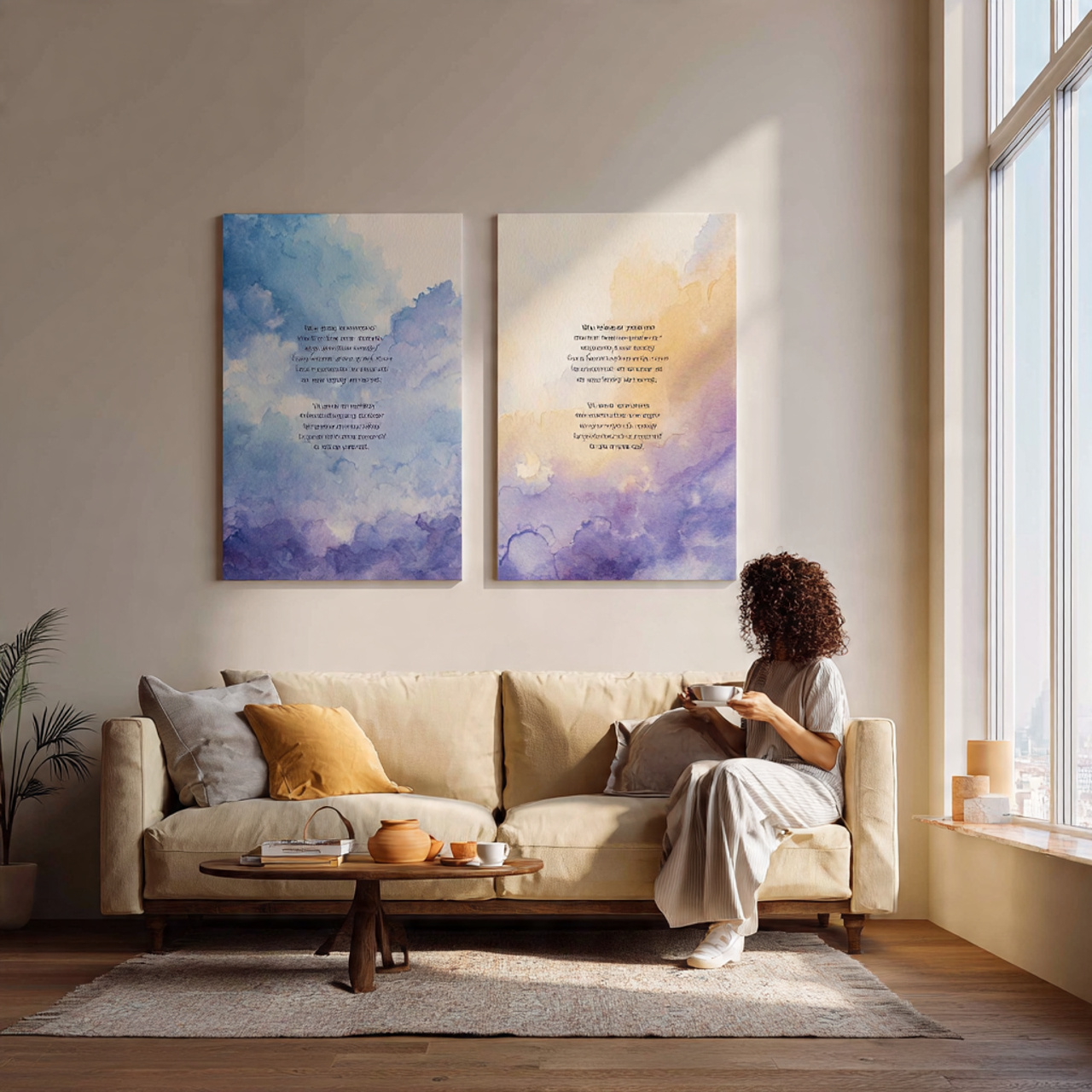 a serene living room featuring a duo of watercolor