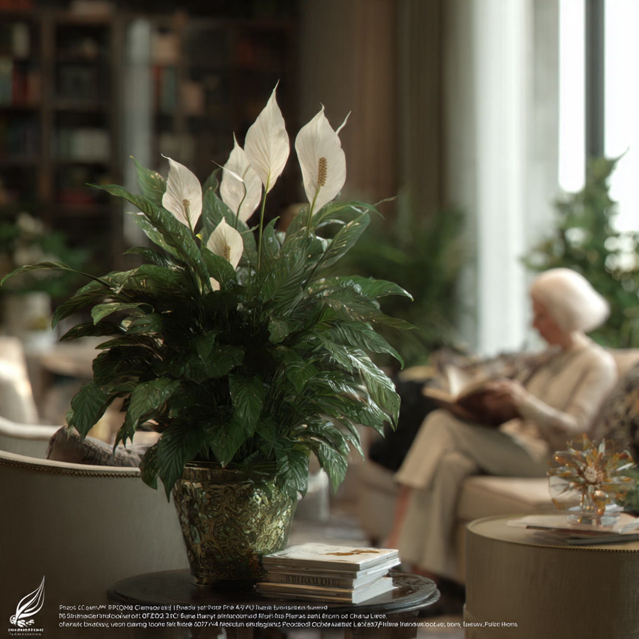 a serene living room with a peace lily in a decora