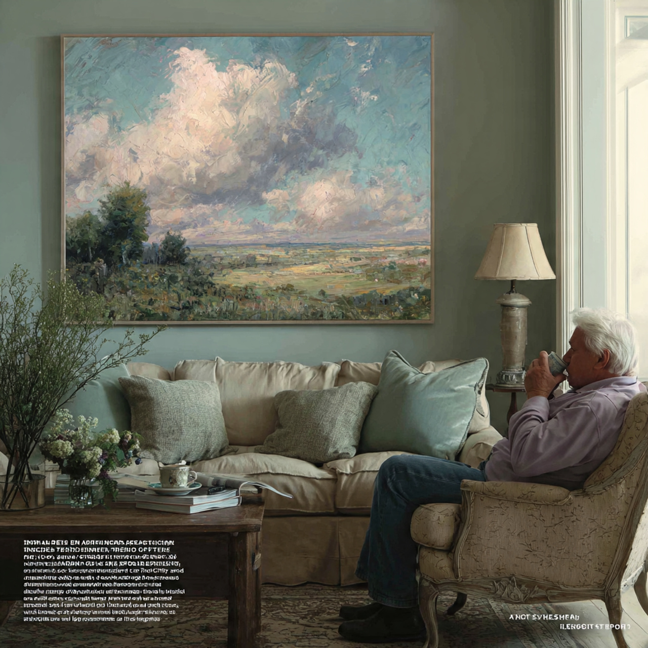 a serene living room with an impressionist landsca
