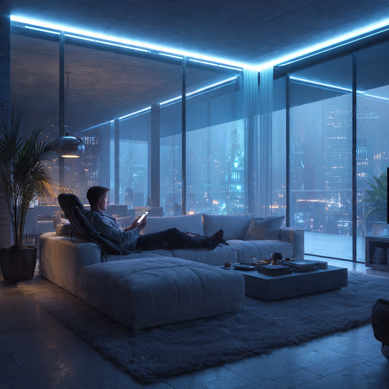 a sleek modern living room featuring integrated sm
