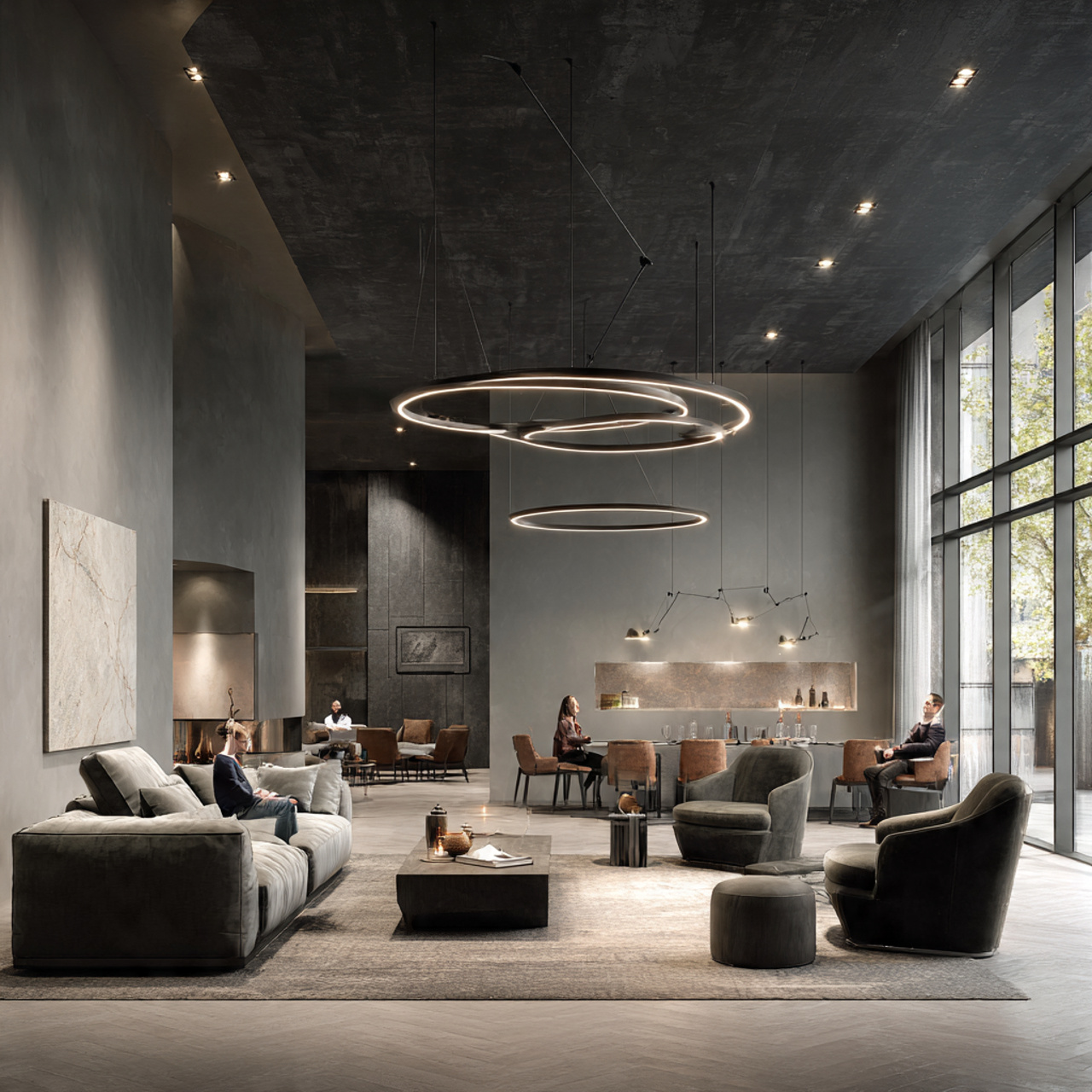 a sleek modern living room with sophisticated grei