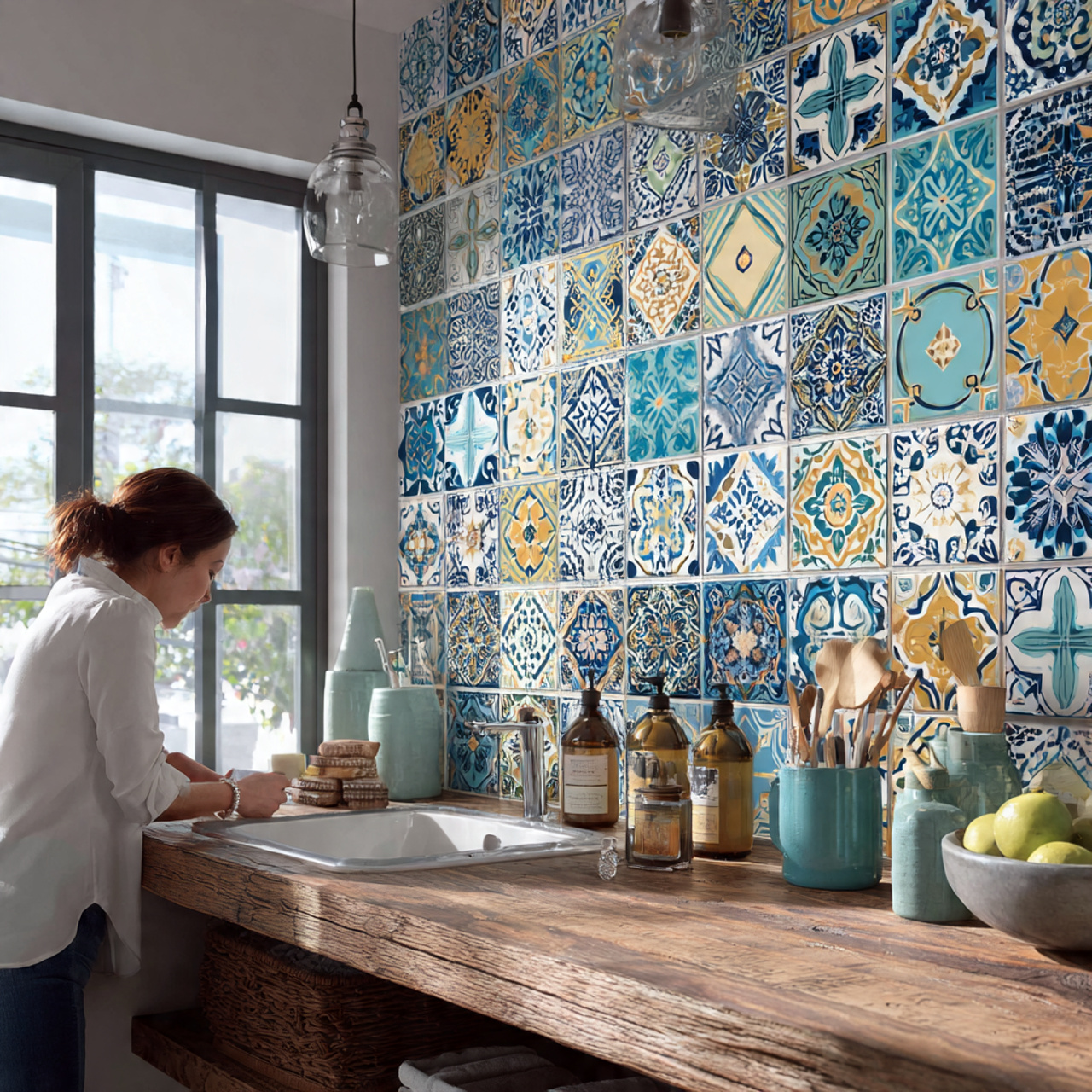 a small bathroom backsplash with vibrant patterned