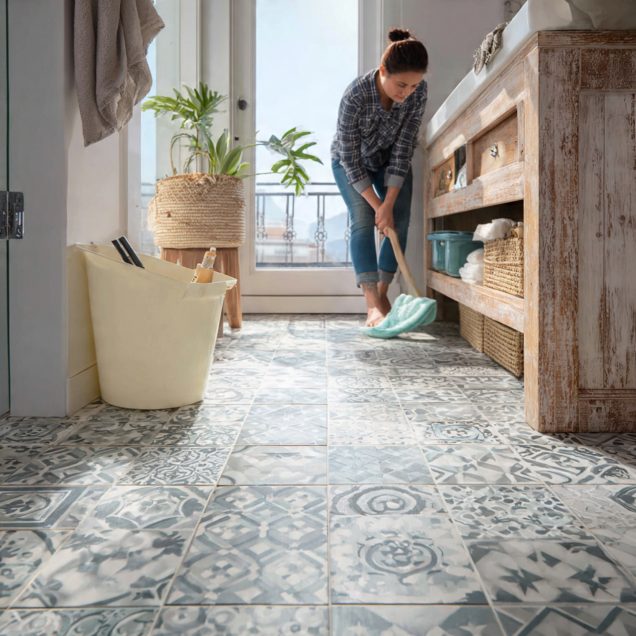 a small bathroom with a patterned stenciled floor