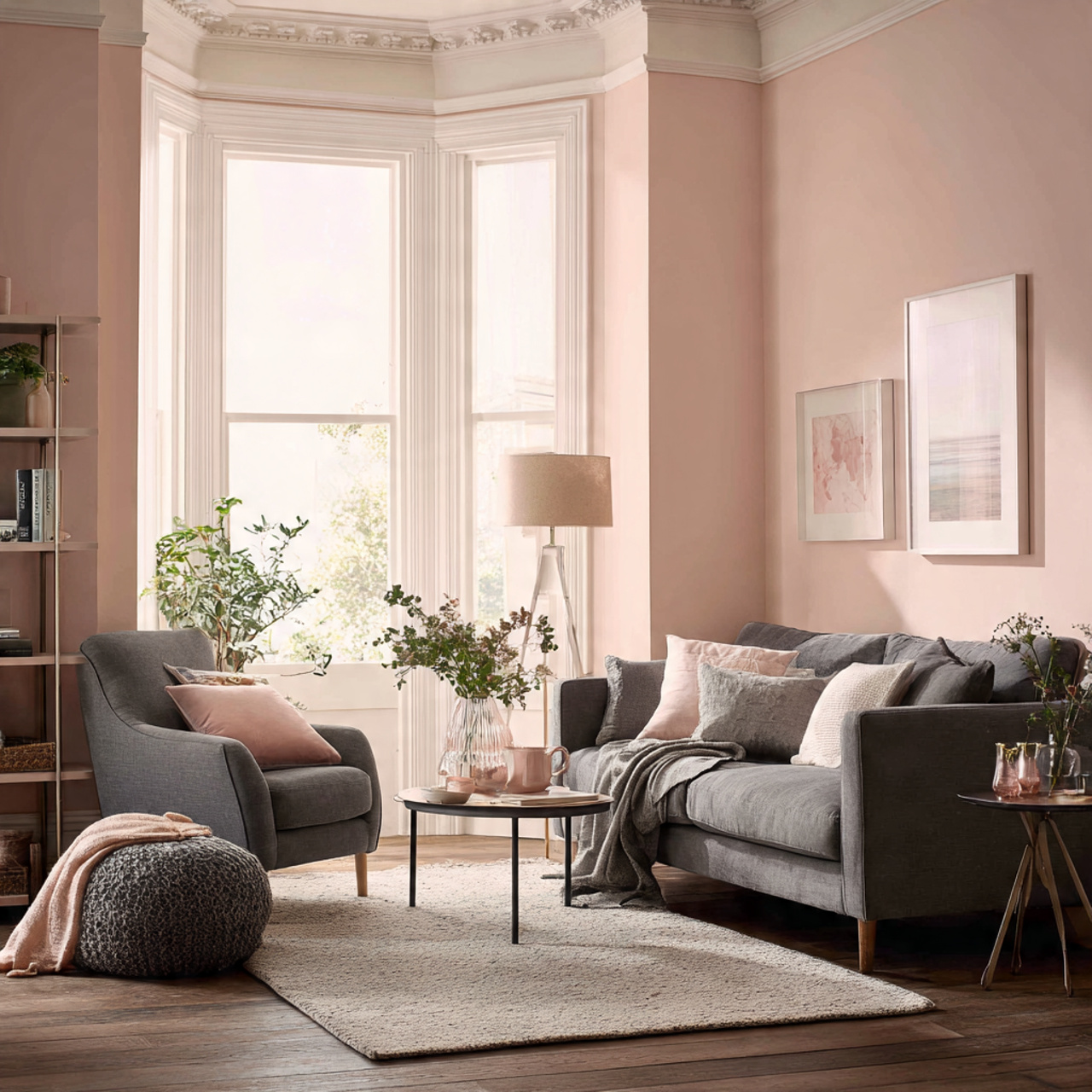 a soft romantic living room with blush pink walls 1 1
