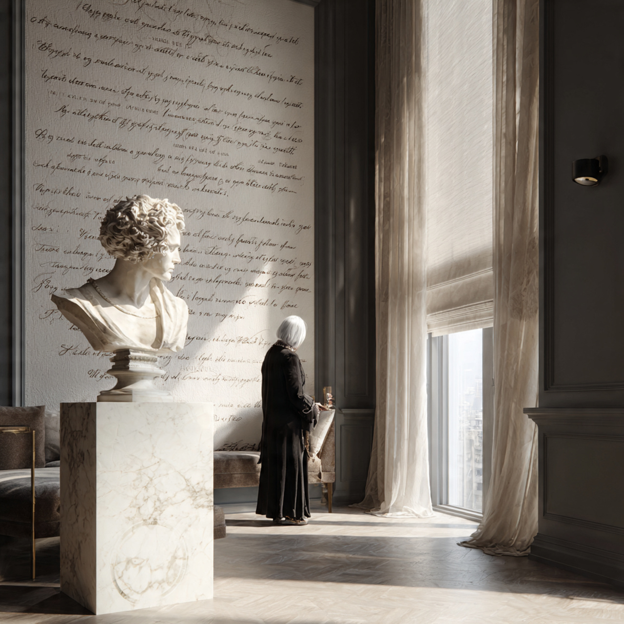 a sophisticated living room featuring a classic sc