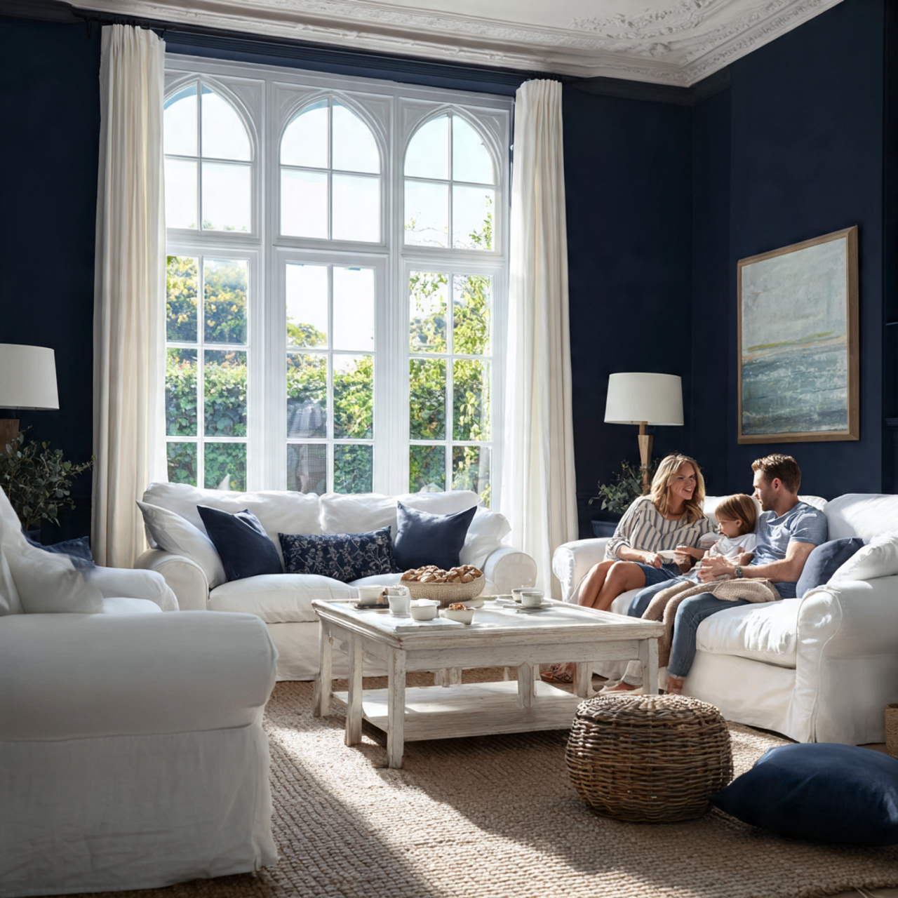 a sophisticated living room with deep navy walls a