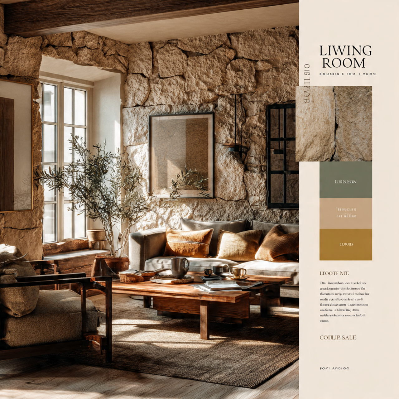 a sophisticated living room with olive branch wall