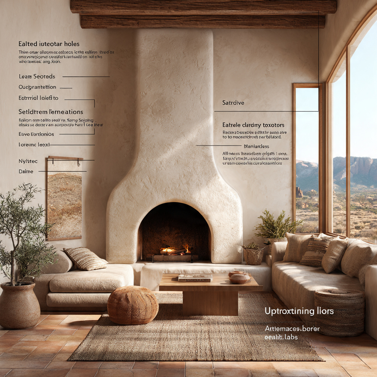 a southwestern inspired living room with fireplace