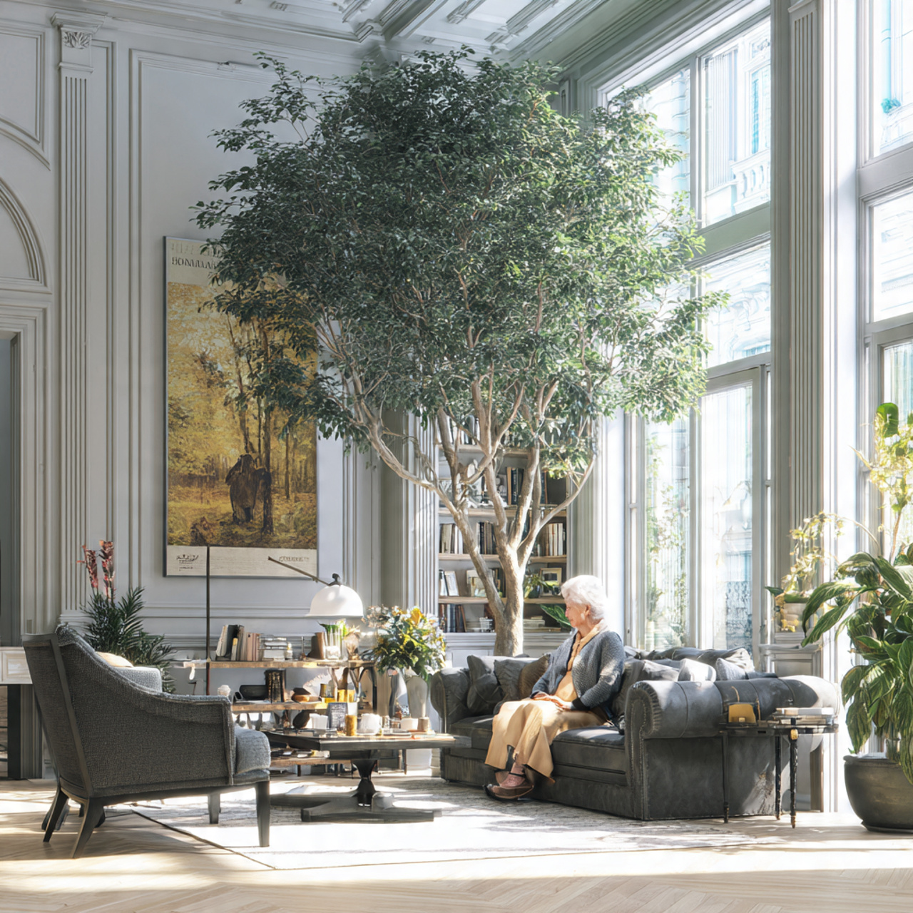 a spacious living room featuring a tall rubber tre