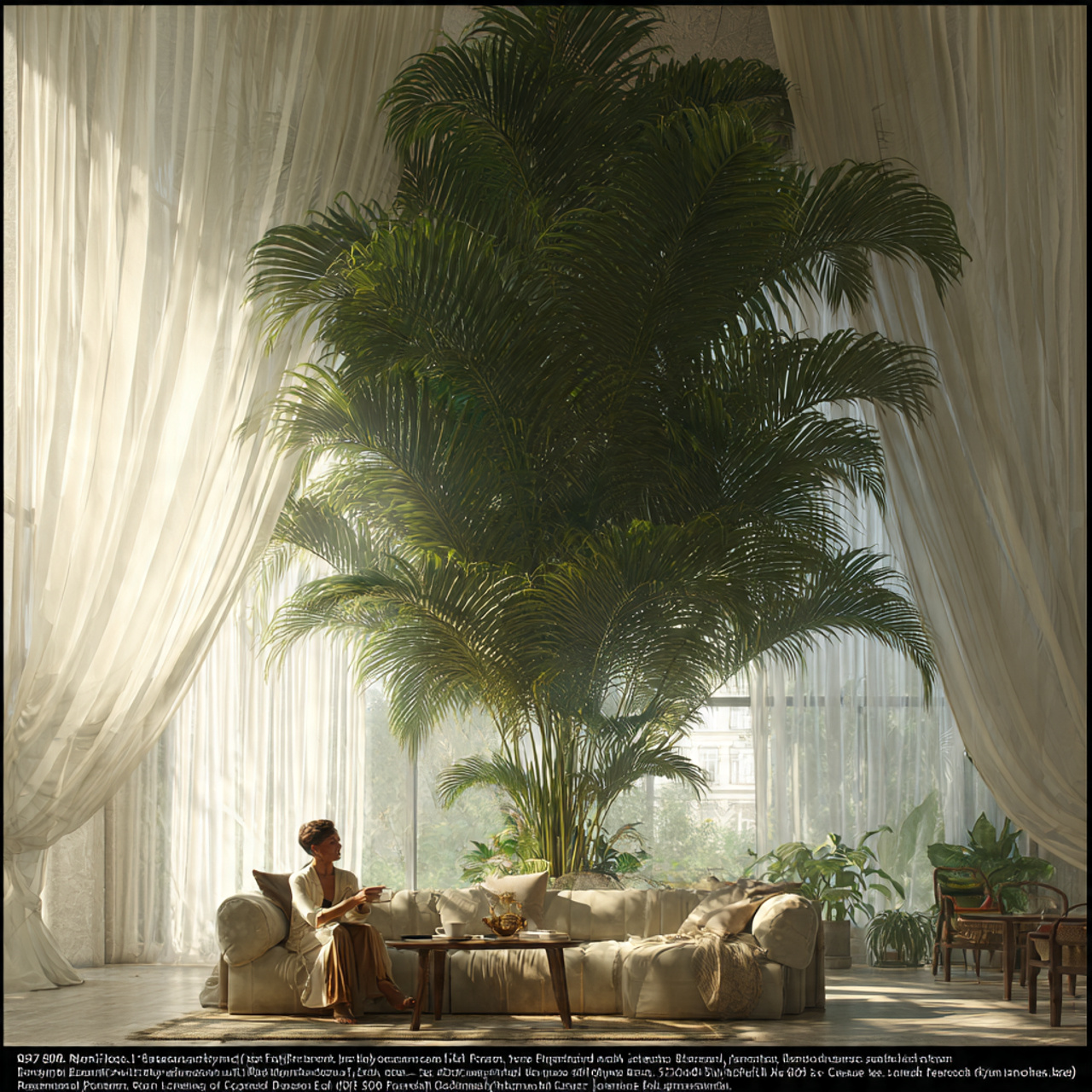 a spacious living room with a tall kentia palm beh