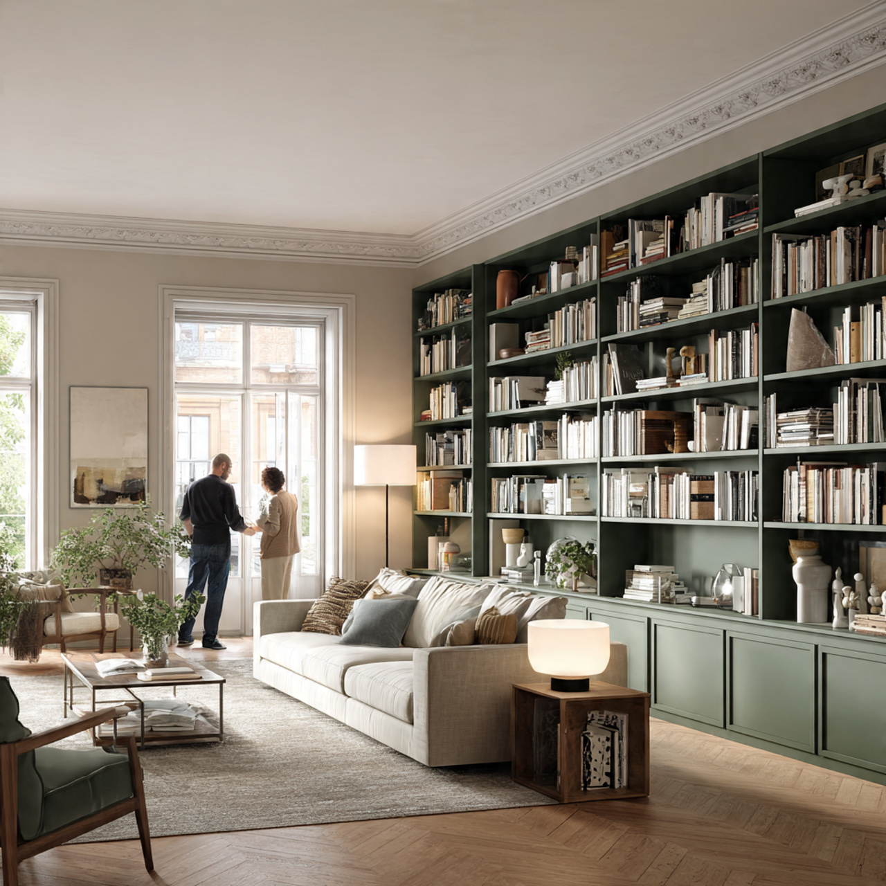 a spacious living room with built in forest green