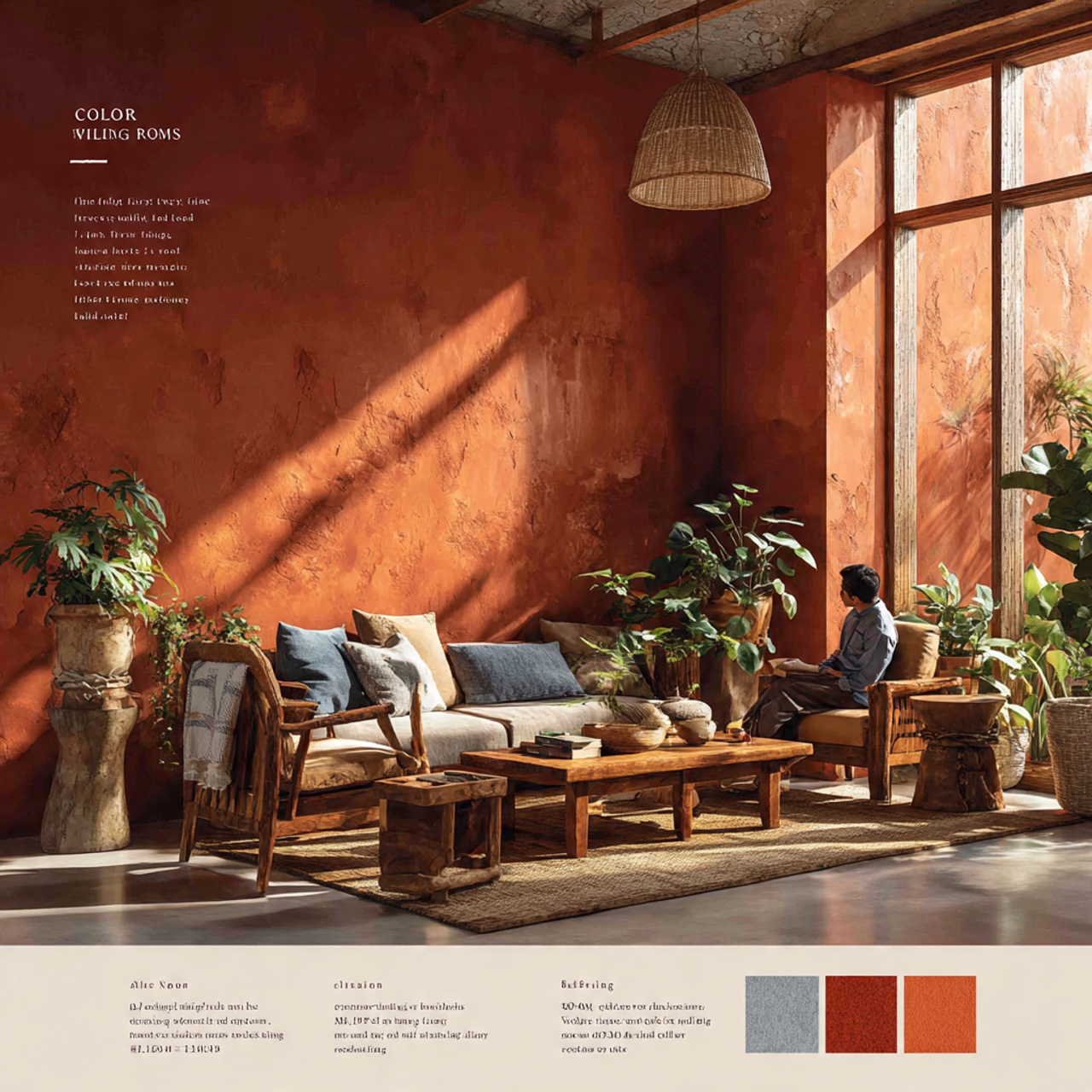 a spacious living room with terracotta clay walls