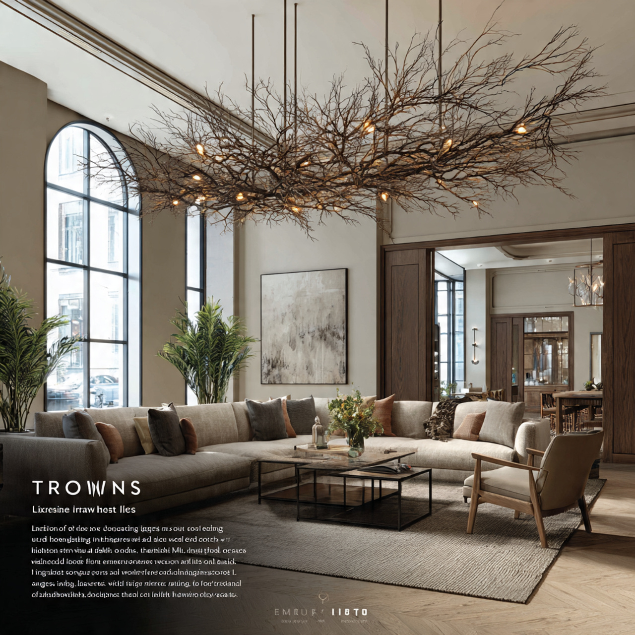 a spacious modern living room featuring a dramatic