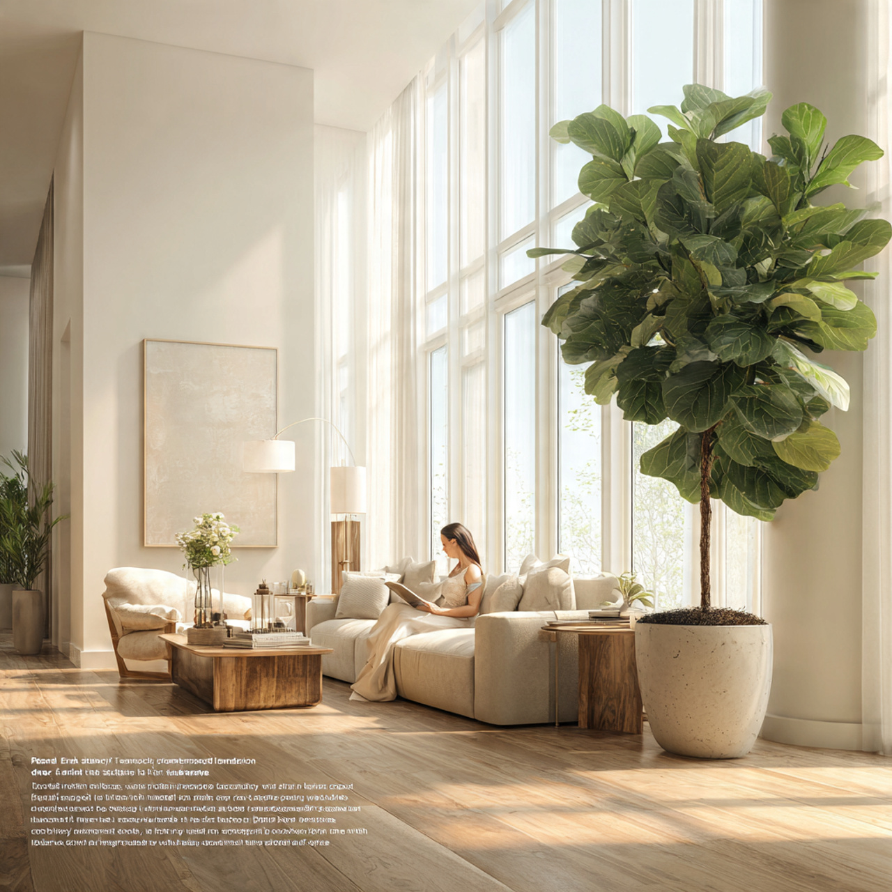 a spacious modern living room with a tall fiddle l