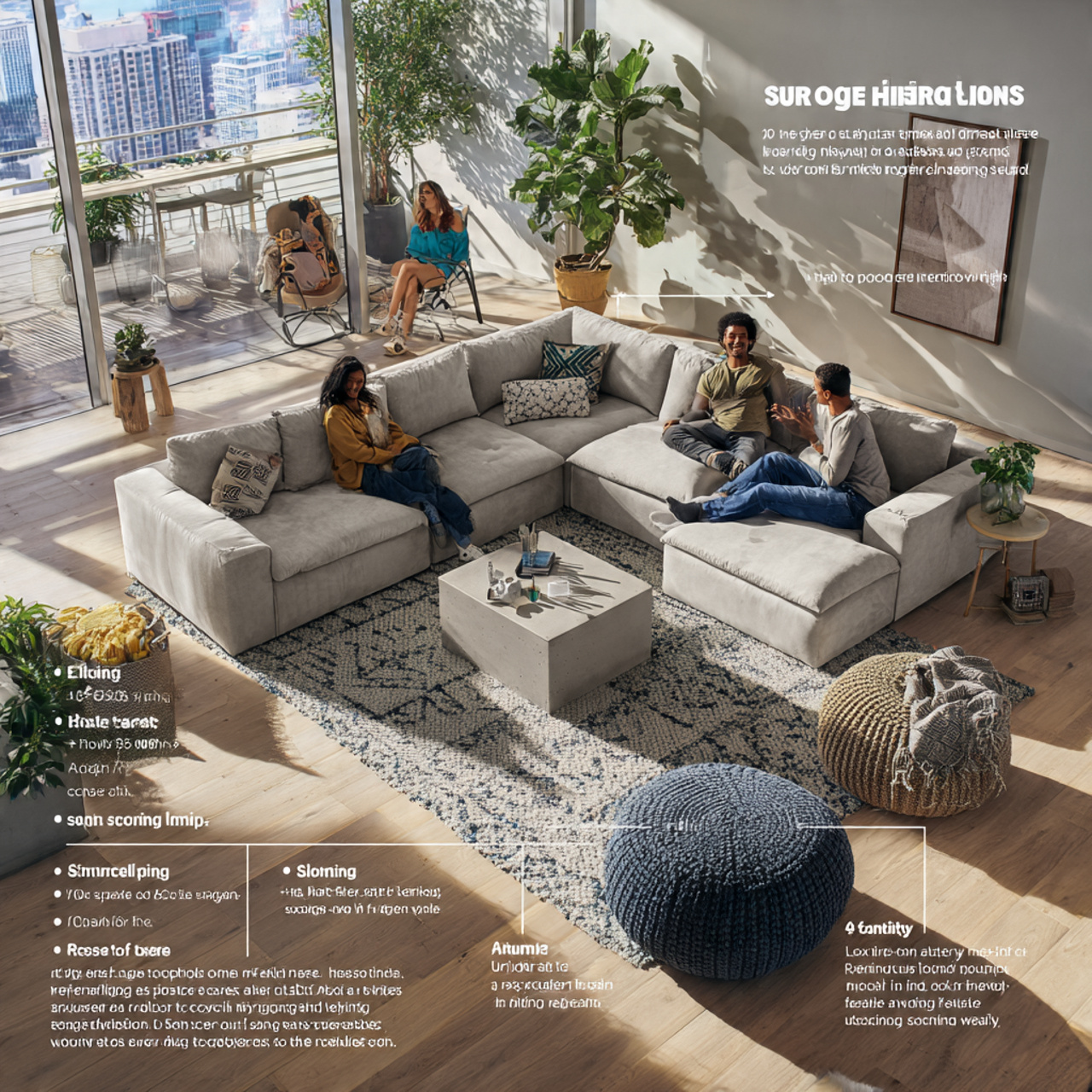 a square living room with main furniture set at a