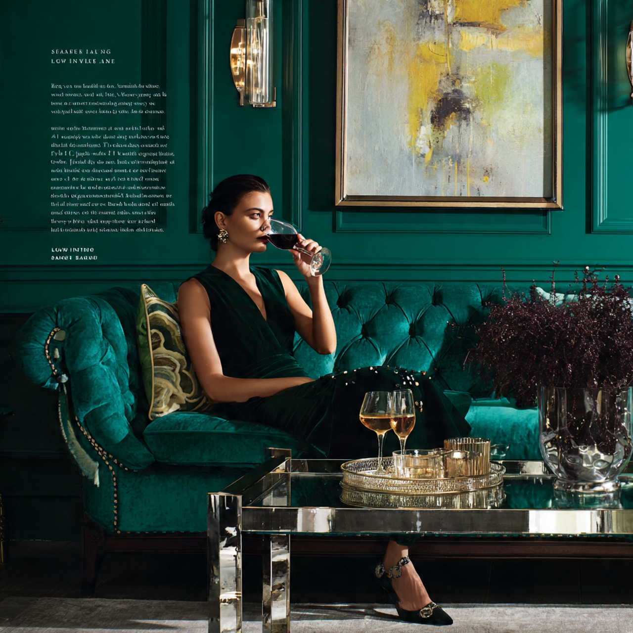 a striking living room with bold emerald walls ref