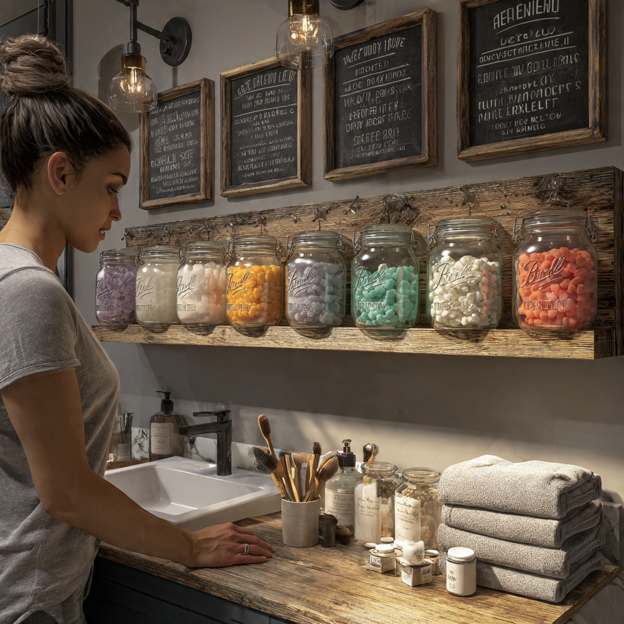a stylish bathroom vanity with mason jars mounted 1 1