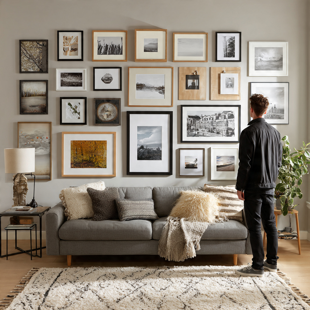 a stylish living room featuring a large gallery wa