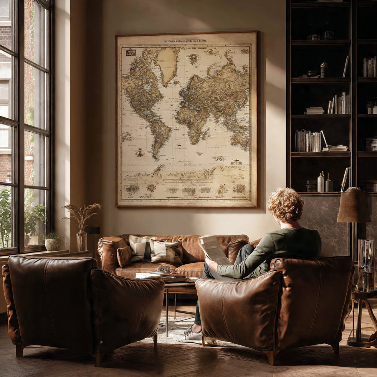 a stylish living room featuring a large vintage ma