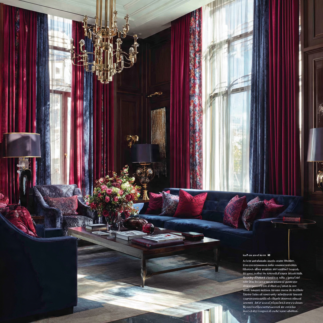 a stylish living room featuring bold jewel tone li