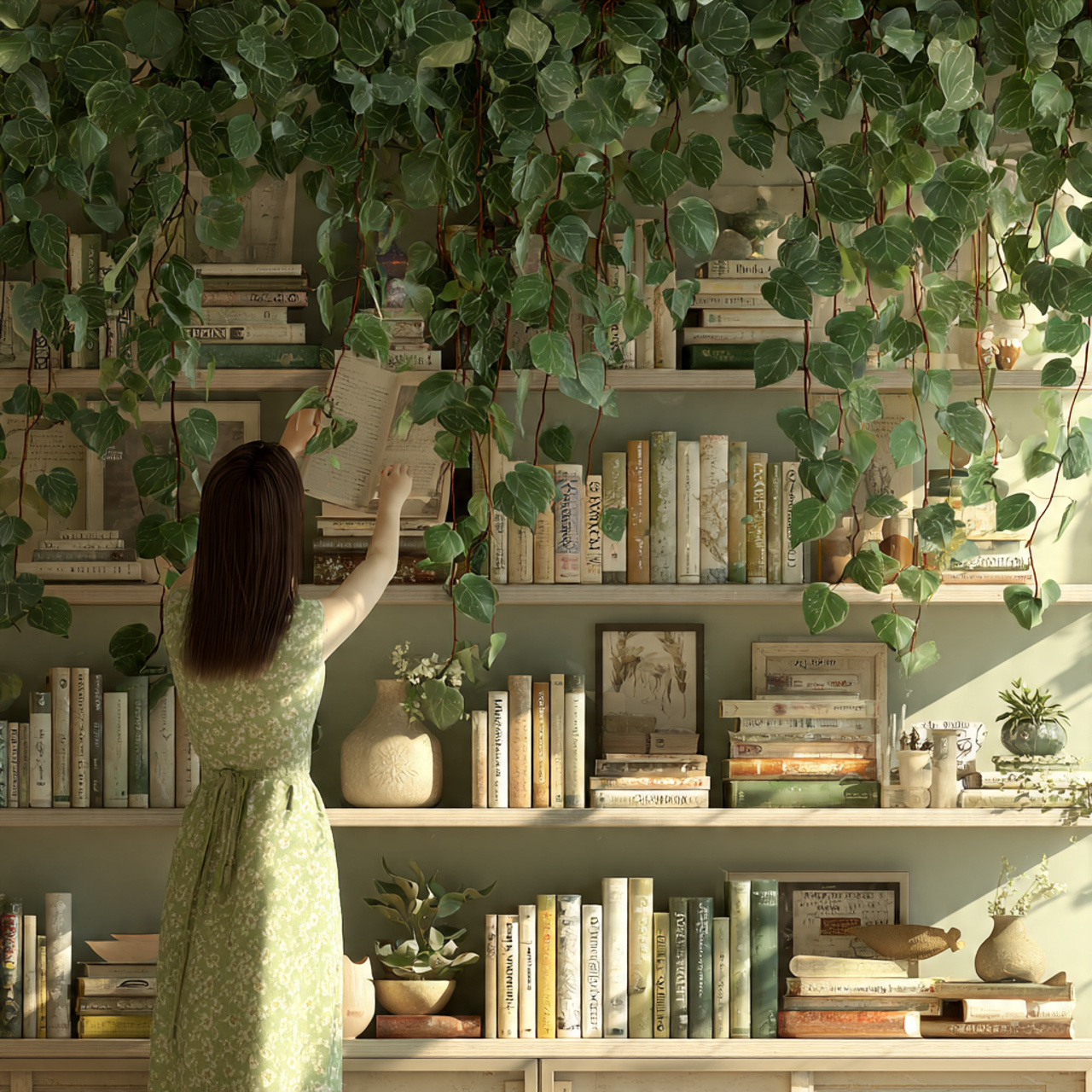 a stylish living room with a high shelf full of ca