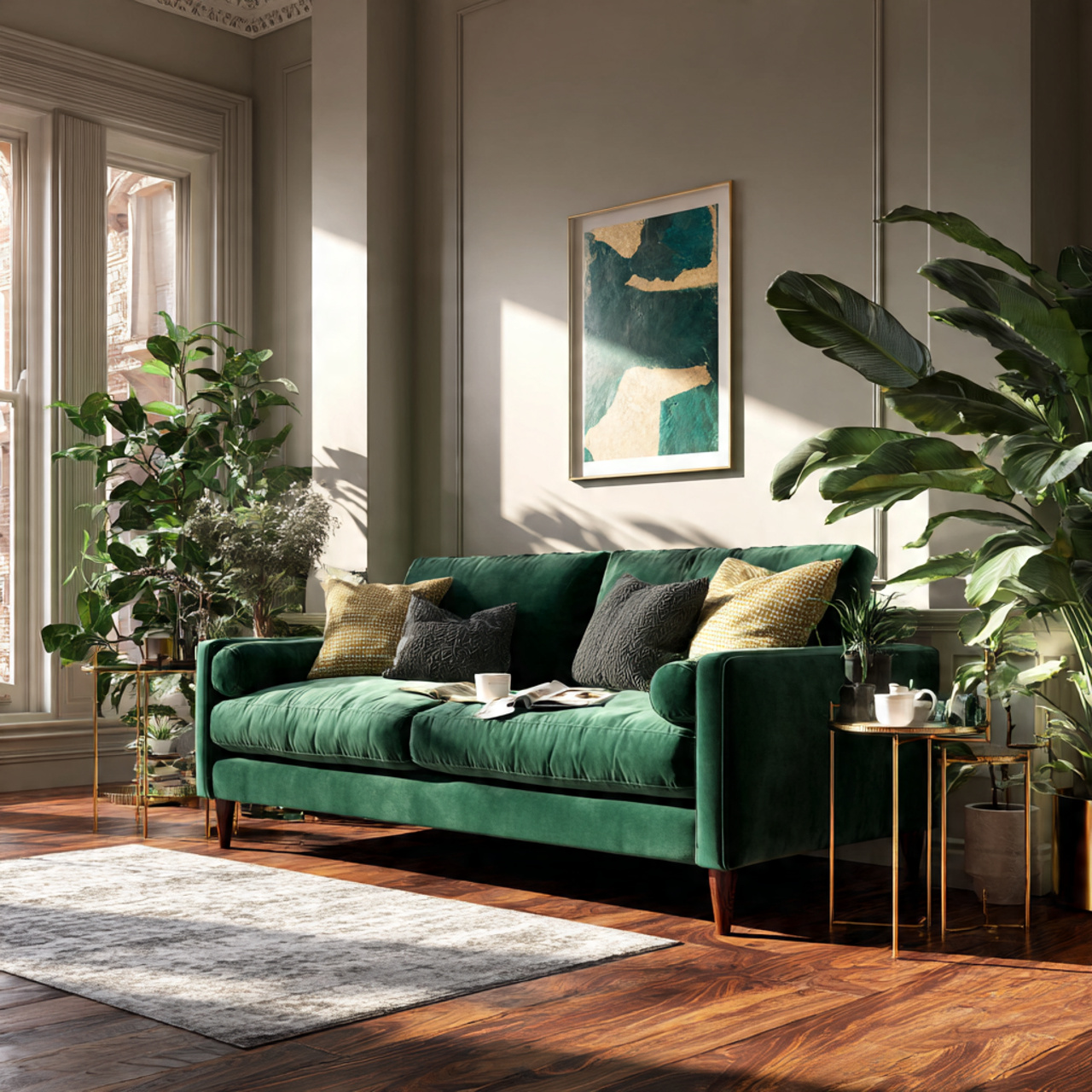 a stylish living room with a luxurious emerald gre
