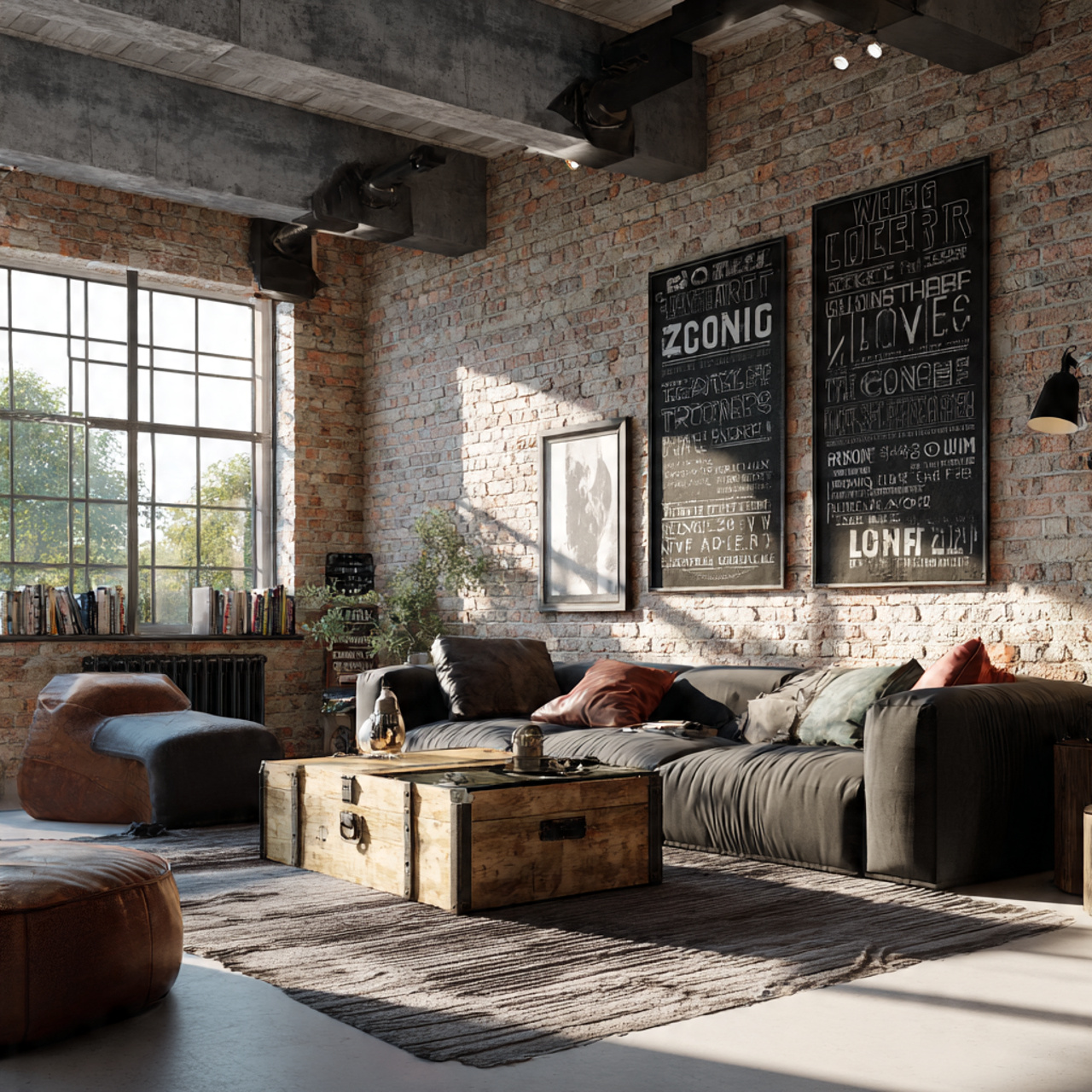 a stylish loft style living room featuring living