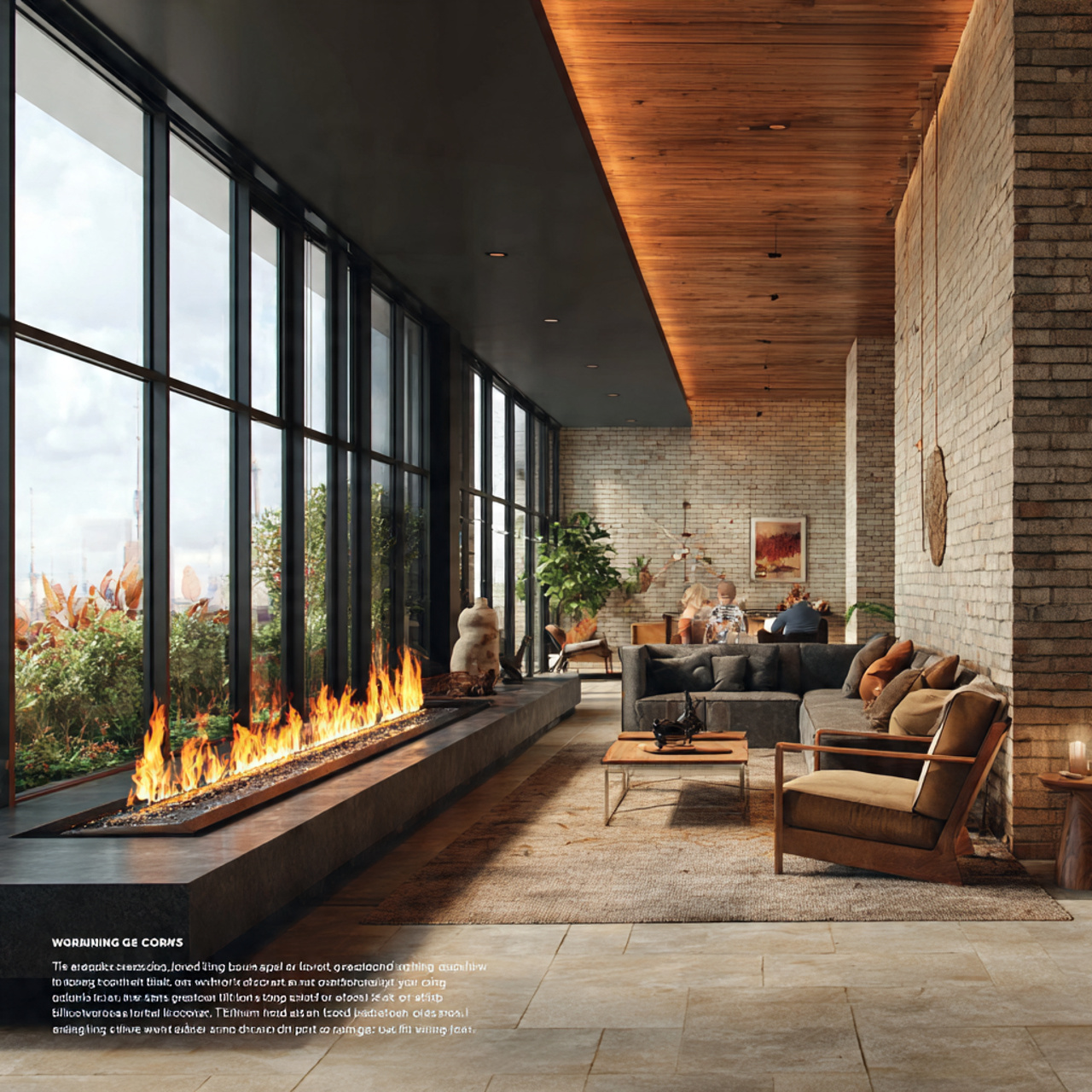 a stylish mid century modern living room with fire