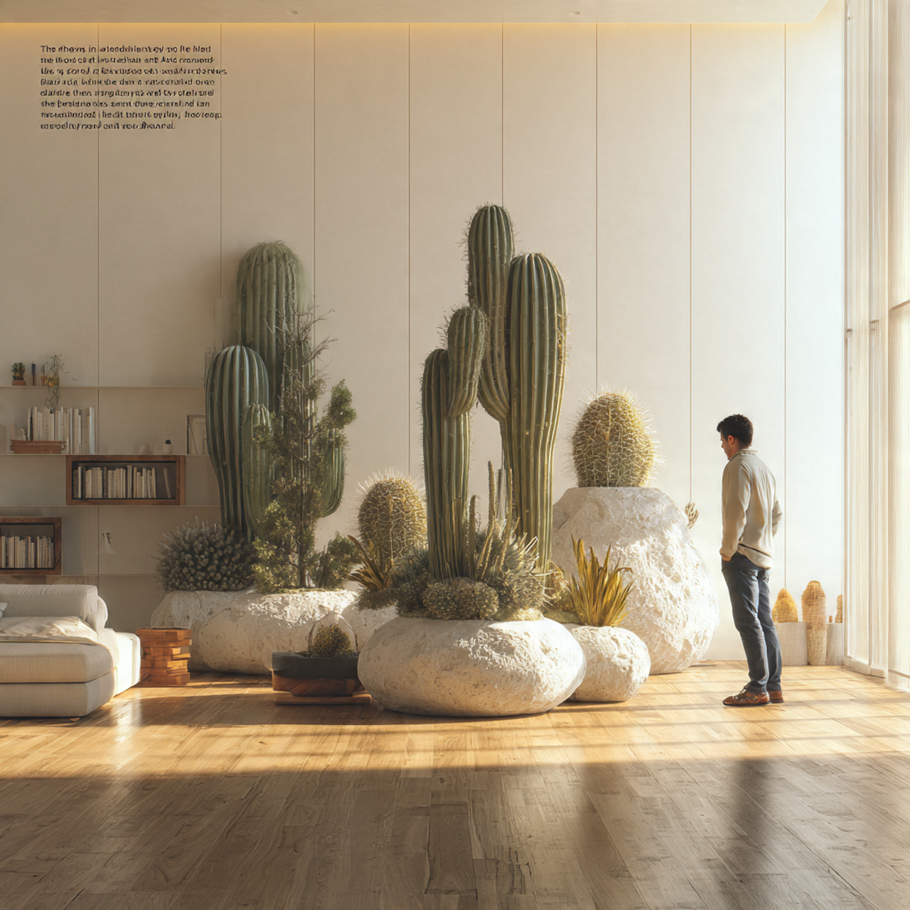 a sunlit contemporary living room with a cluster o