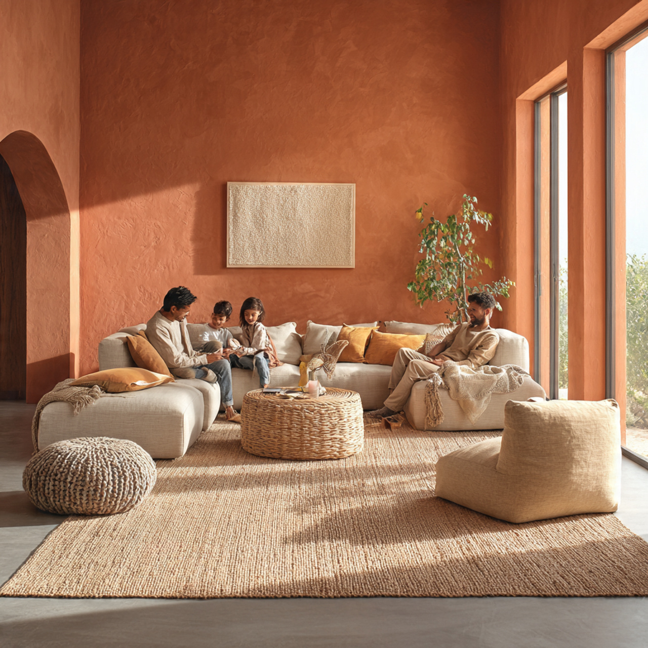 a sunlit living room with terracotta walls and san