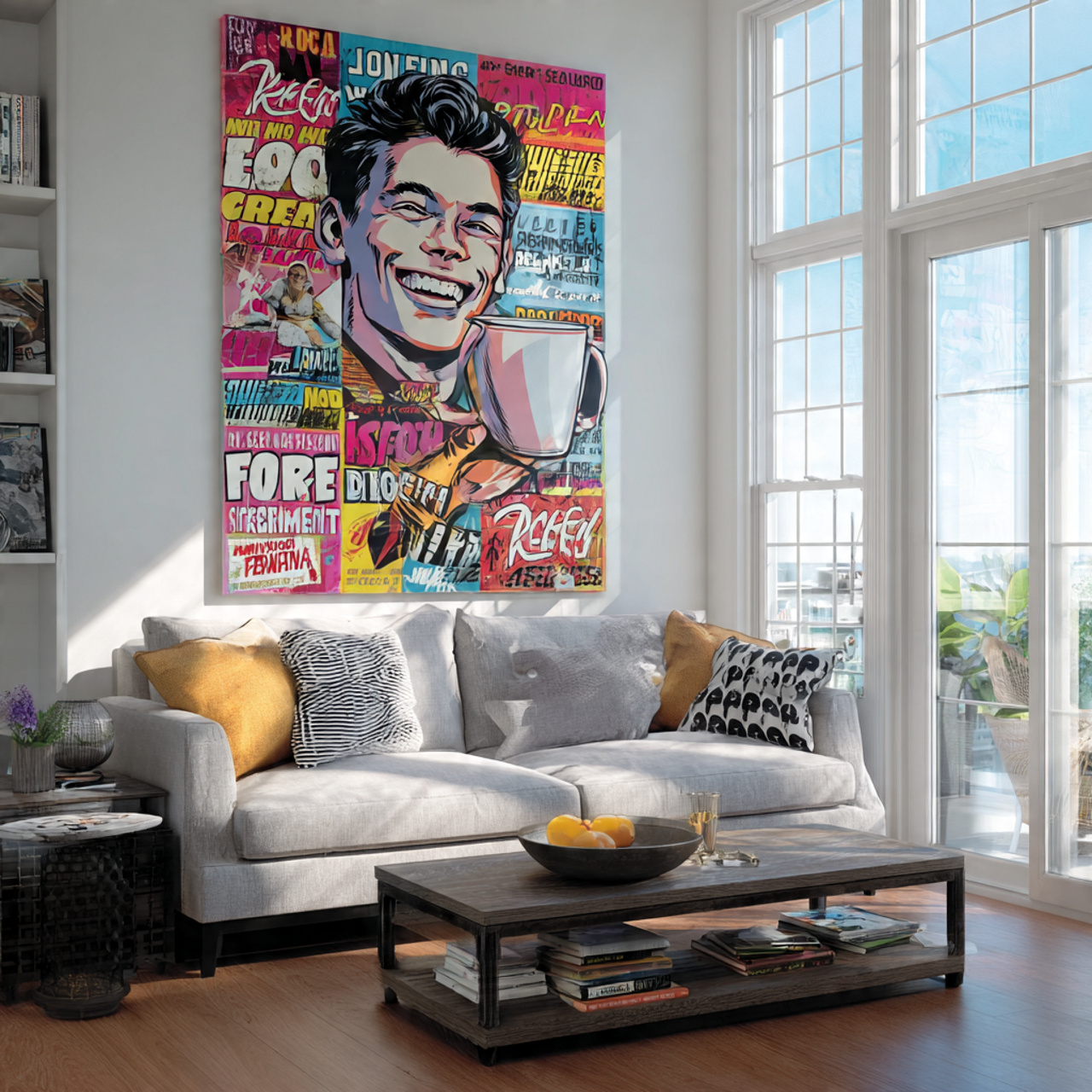 a vibrant living room featuring a large pop art st