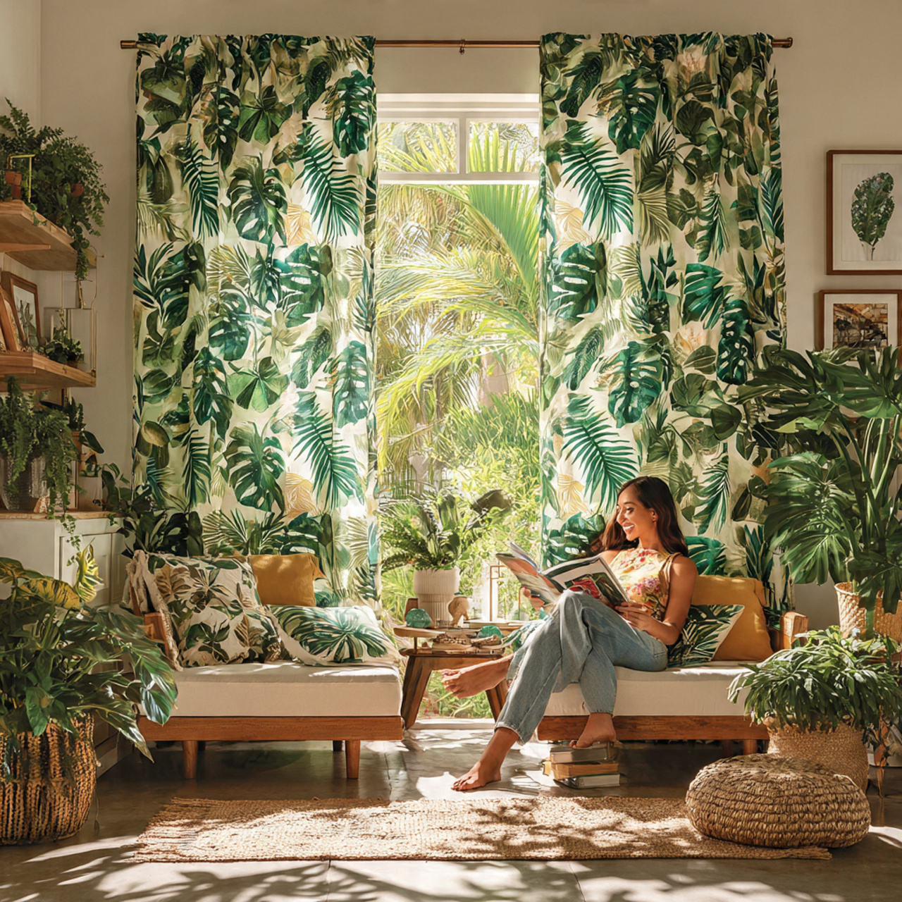 a vibrant living room featuring tropical botanical