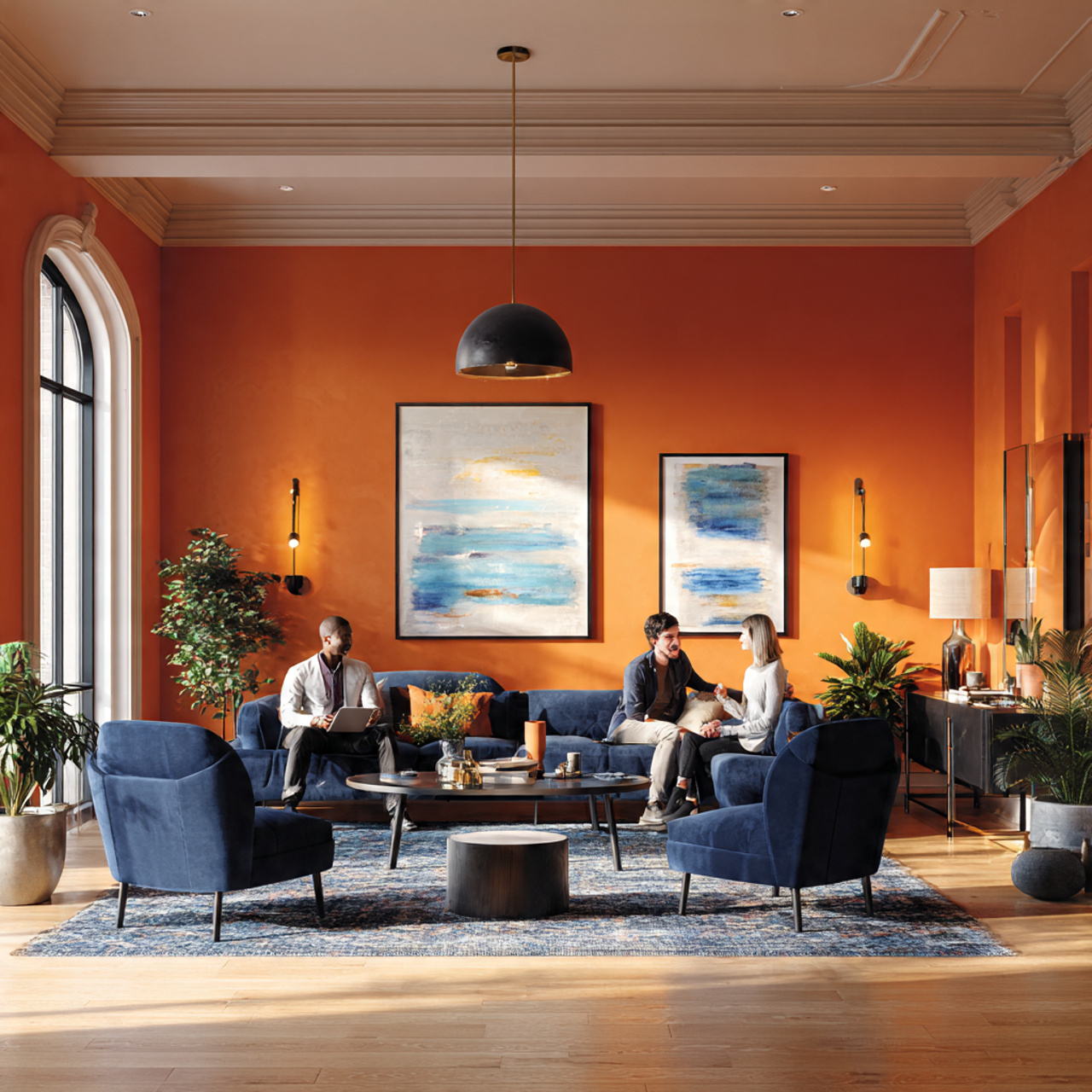 a vibrant living room with burnt orange walls and