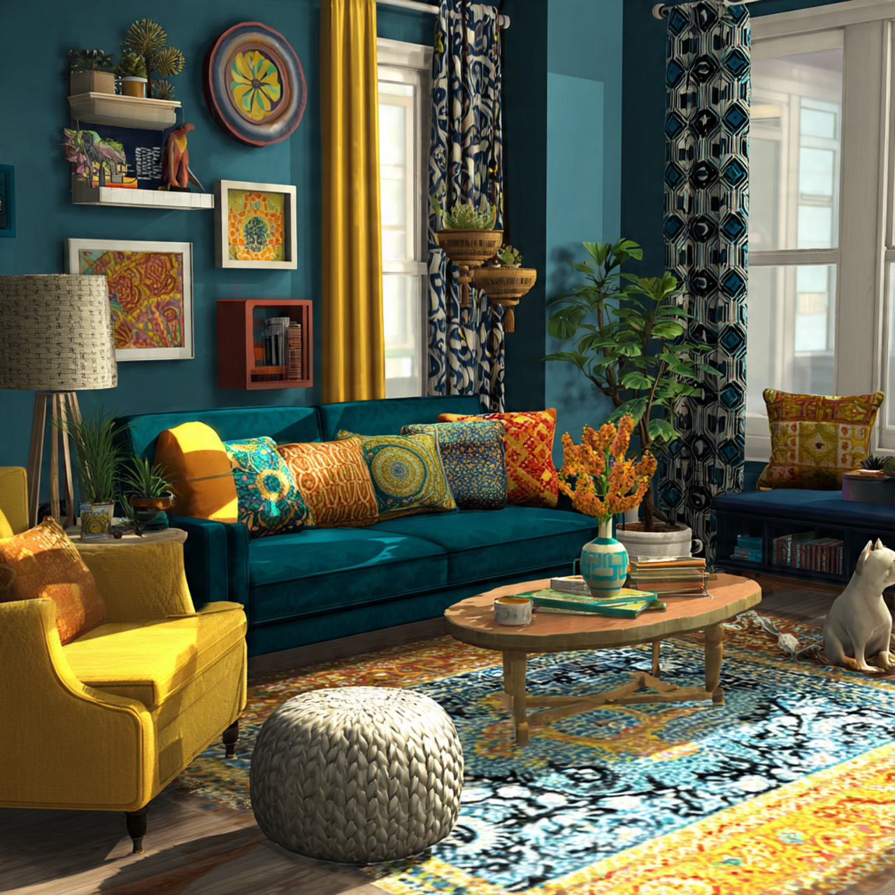 a vibrant living room with deep teal furniture and