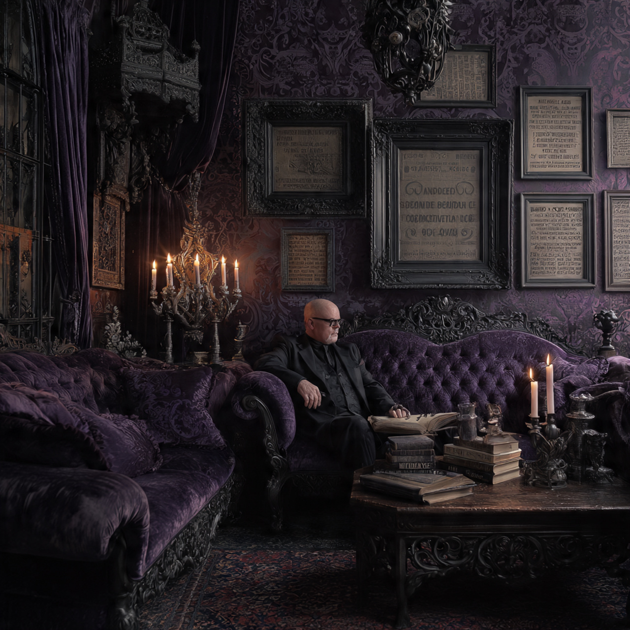 a victorian gothic living room with deep purple an