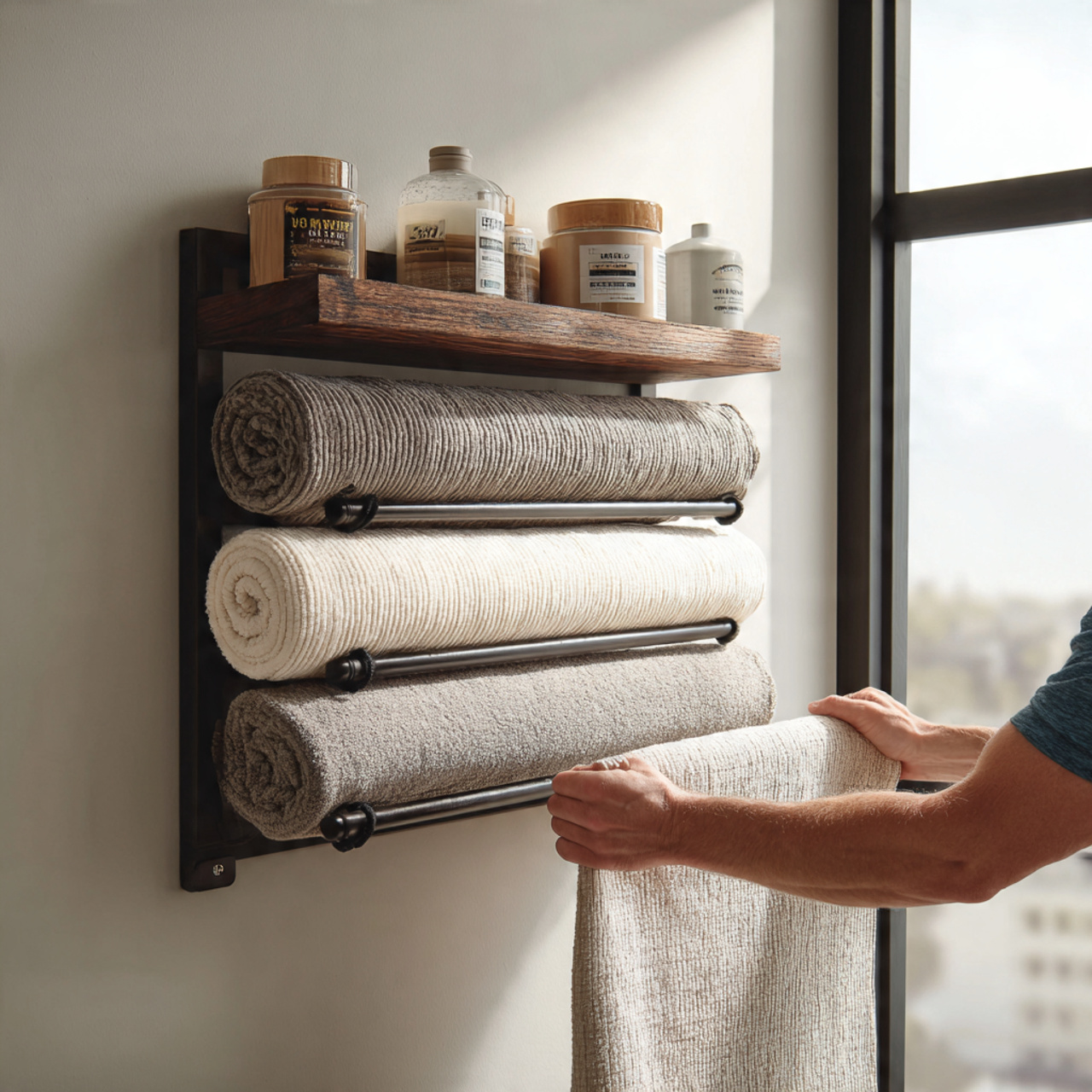 a wall mounted wine rack repurposed to hold rolled